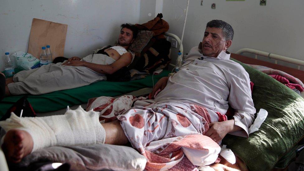 Man injured in Saudi-led coalition air strike on a funeral hall in Sanaa, Yemen, on 8 October 2016