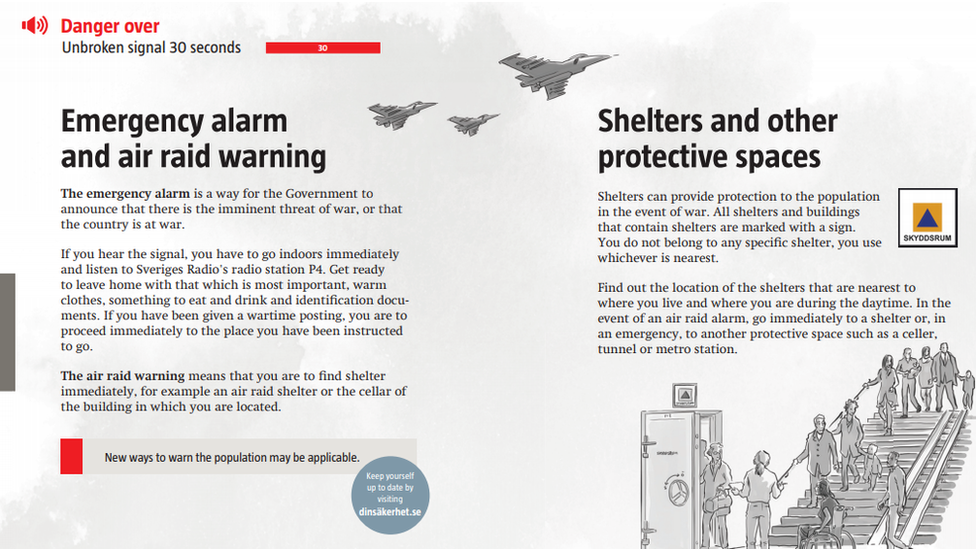 Image shows pages from the leaflet explaining Sweden's air raid warning system and public shelters