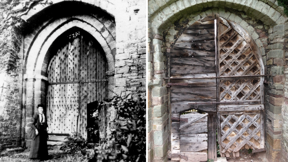 Black and white photo and a recent colour photo of the gates