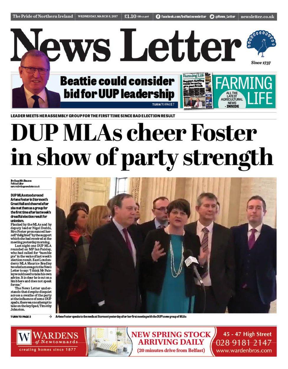 The front page of the News Letter on Wednesday