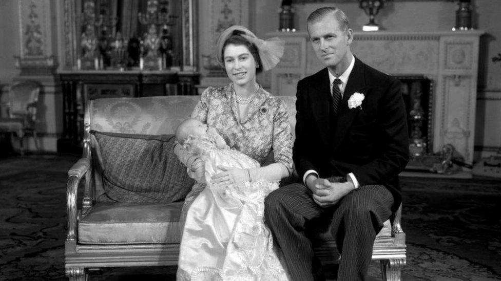 Princess Elizabeth and the Duke of Edinburgh with their daughter Princess Anne (21 October 1950)