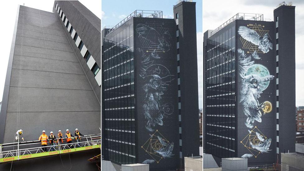 The building over three stages of the mural