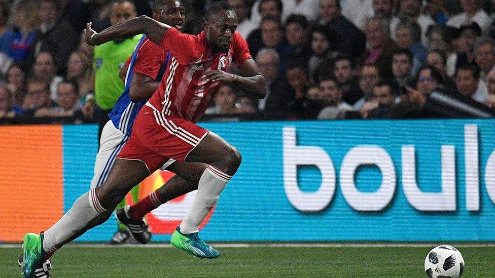 Usain Bolt playing in an exhibition match in France in June