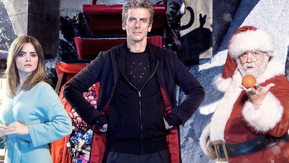 Jenna Coleman, Peter Capaldi and Nick Frost dressed as Santa.