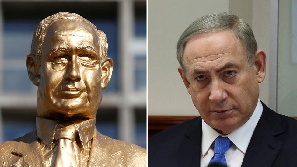 A composite image showing left, the golden sculpture, and right, a photograph of Mr Netanyahu