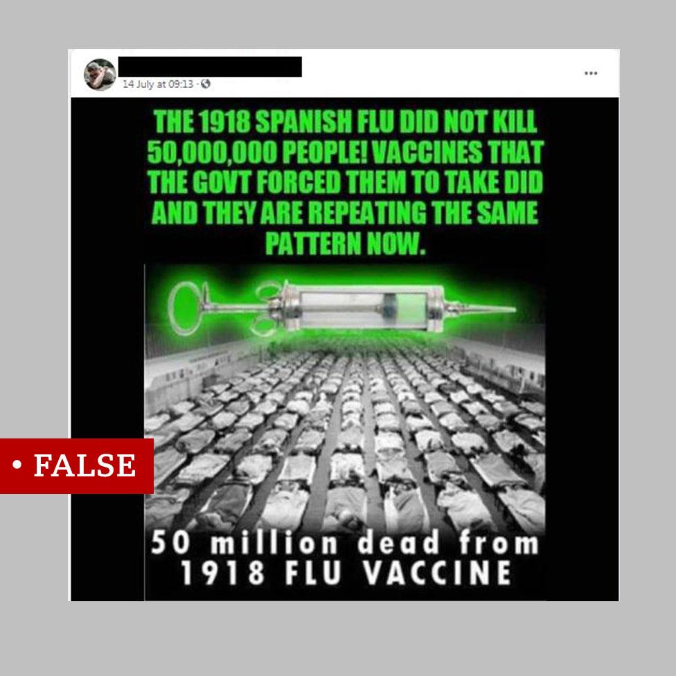 Inaccurate post on Facebook claims that the 1918 Spanish flu did not kill 50 million people, "vaccines that the government forced them to take did". Includes black and white photo of a hospital ward, apparently from 1918, and a large old fashioned syringe.