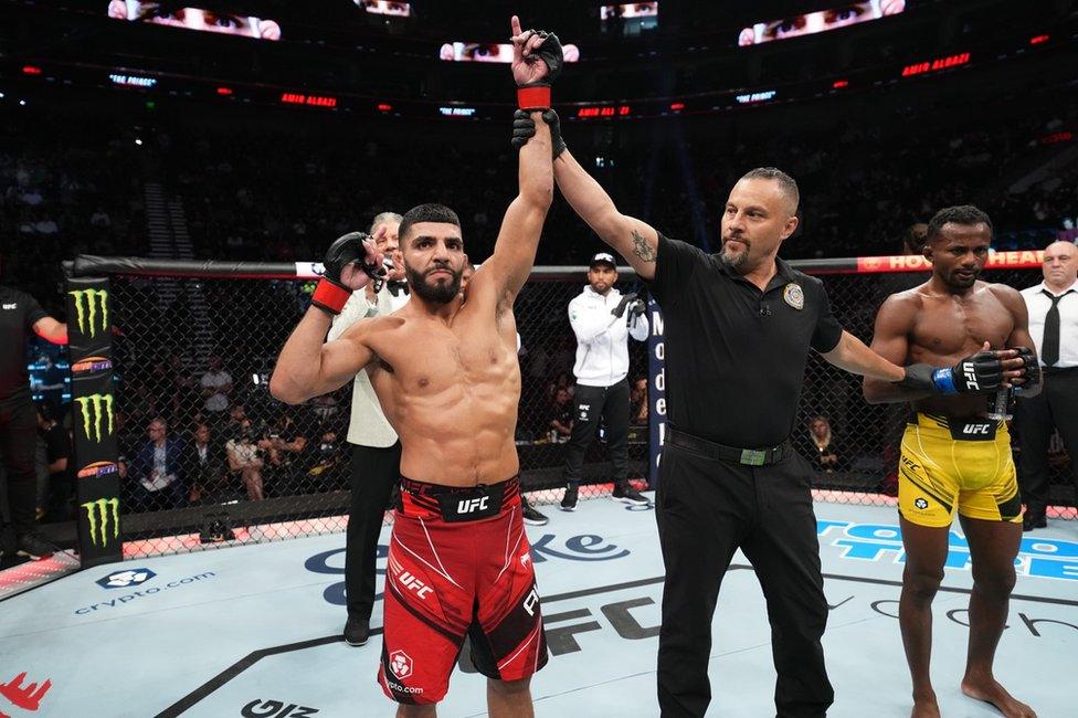 Amir Albazi of Iraq reacts after defeating Francisco Figueiredo of Brazil in a flyweight fight during the UFC 278 event at Vivint Arena on 20 August 2022 in Salt Lake City, Utah