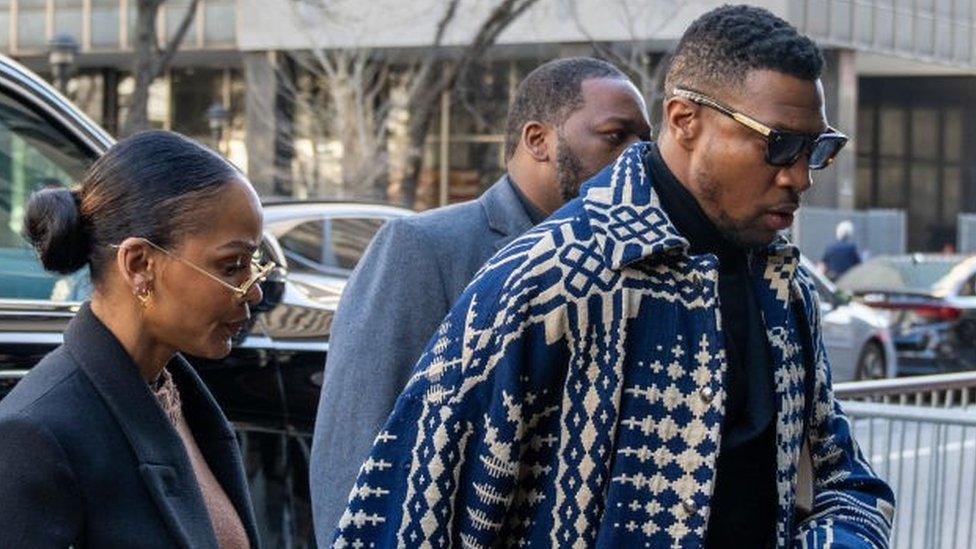 Jonathan Majors arrives with girlfriend Meagan Good for sentencing in his domestic abuse case at Manhattan Criminal Court