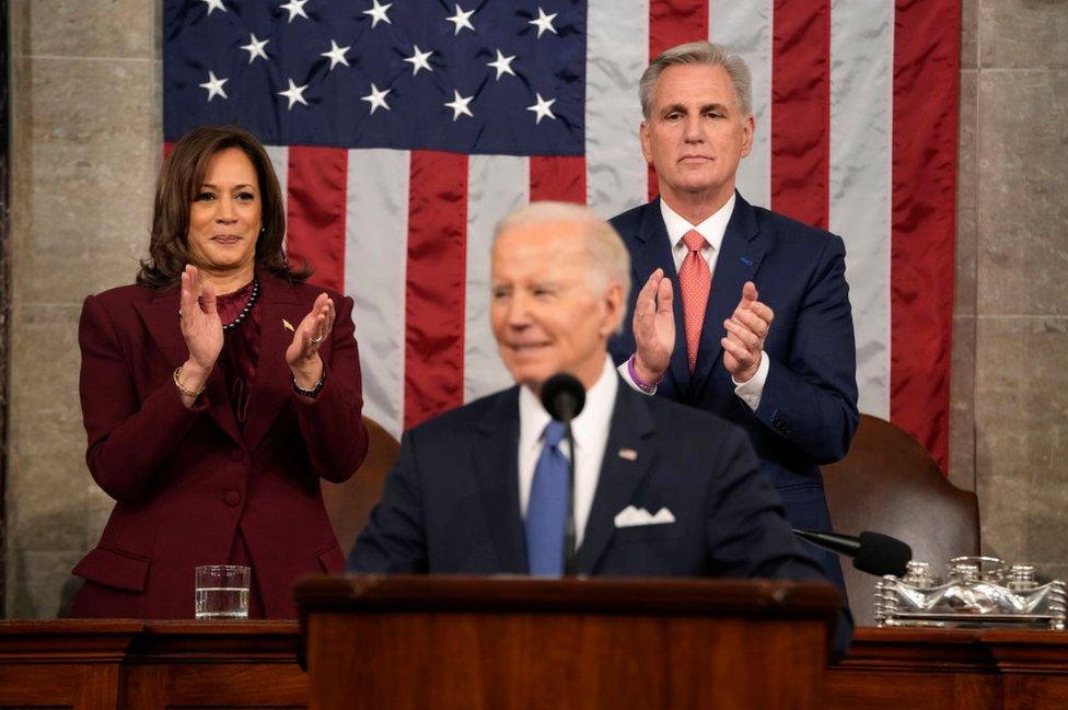 President Joe Biden delivers the State of the Union address as Vice-President Kamala Harris and House Speaker Kevin McCarthy stand behind him