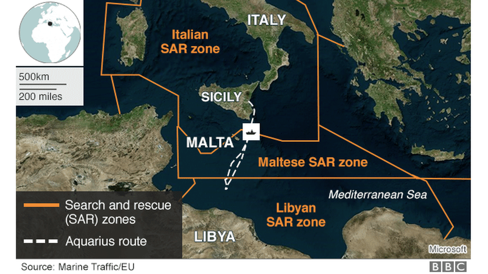 Map showing the approximate location of the ship Aquarius