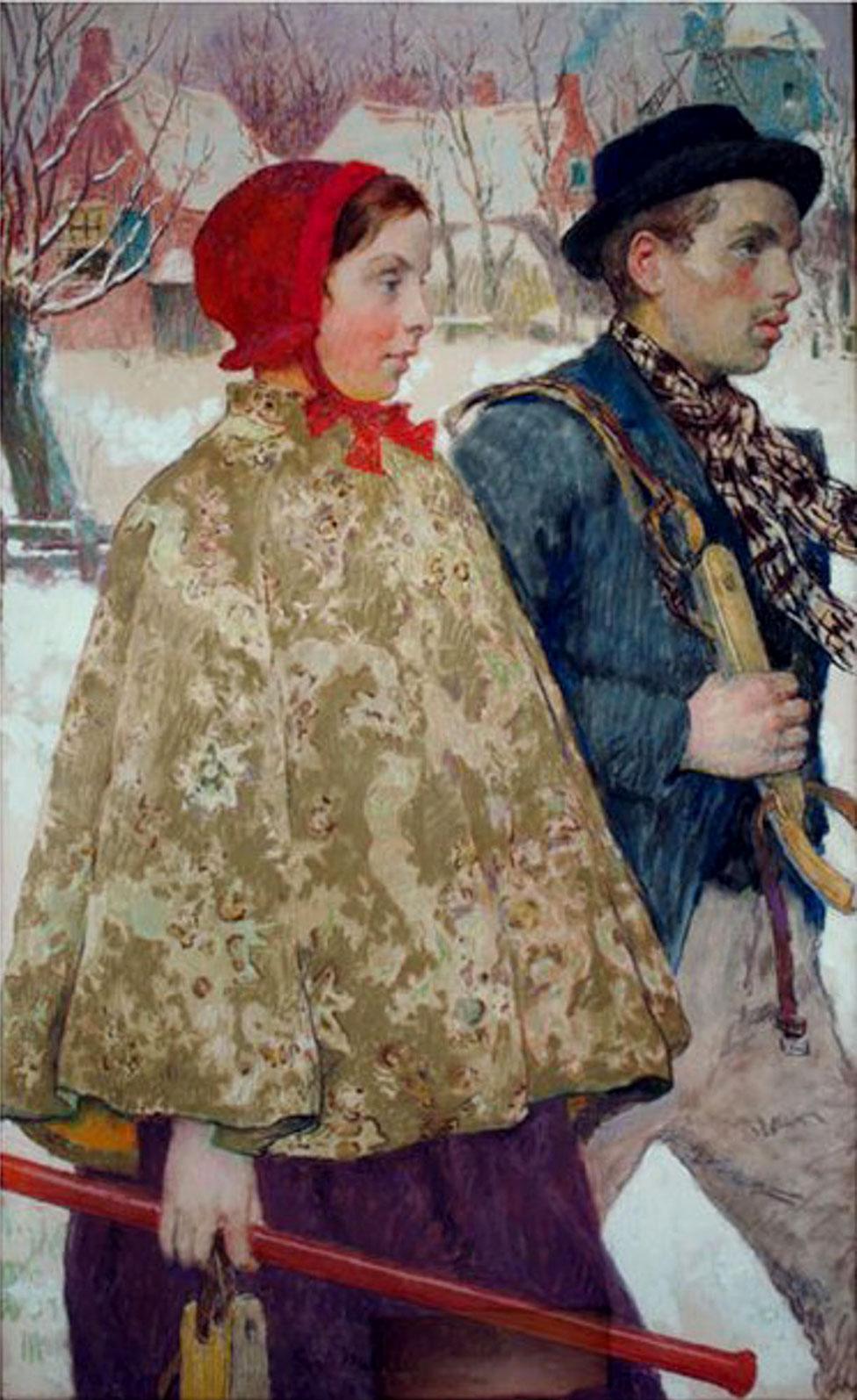 Winter, by American artist Gari Melchers, shows a man and a woman walking in winter