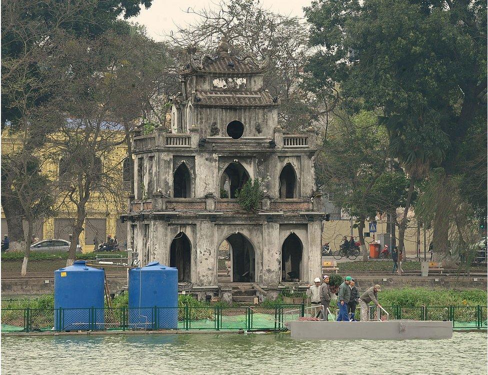 Conservationists install equipment at a small temple on the Hoan Kiem lake in the centre of Hanoi on 7 March 2011.