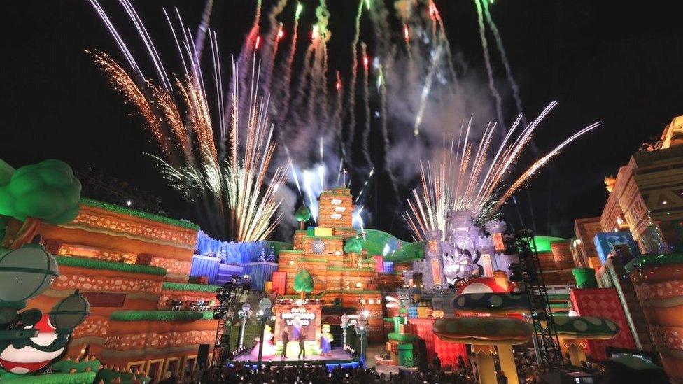 A general view of fireworks at Super Nintendo World's Grand Opening Celebration at Universal Studios Hollywood