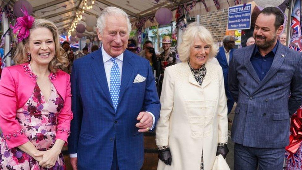 Kellie Bright, the Prince of Wales, the Duchess of Cornwall and Danny Dyer on the set of EastEnders