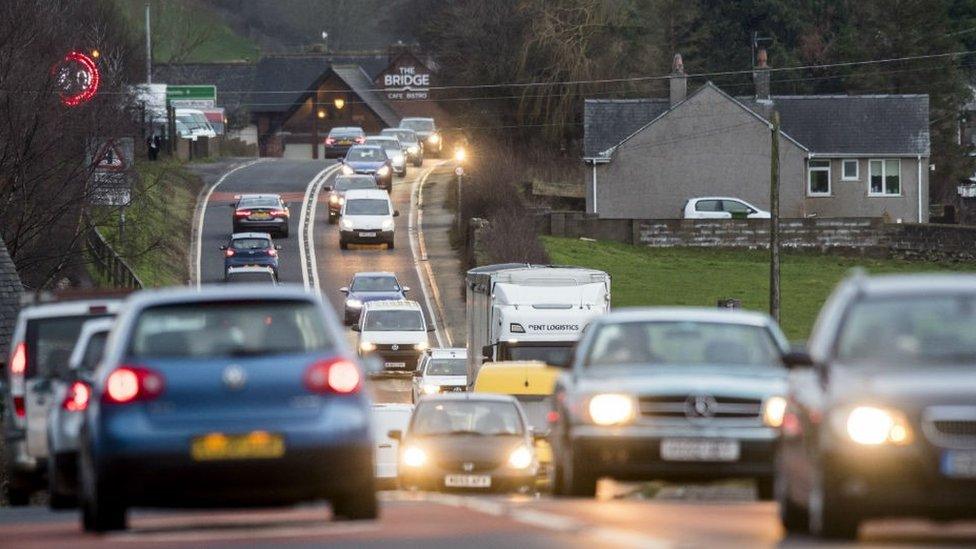 Traffic on the single carriageway at Kirkby Thore in Cumbria