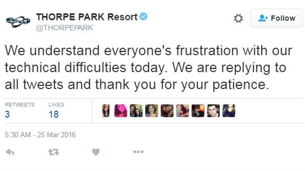 Screen grab of Thorpe Park's tweet