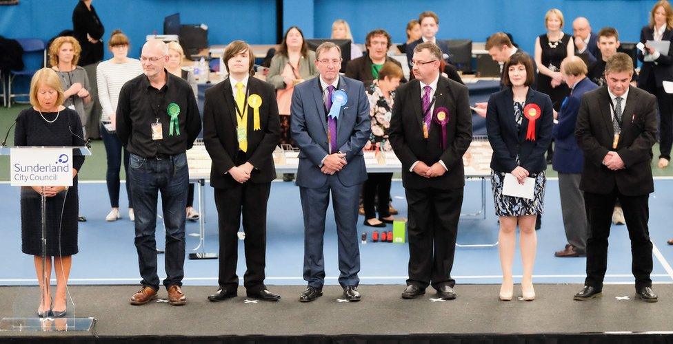 Parliamentary candidates in Sunderland are listening to the election result being declared in 2017