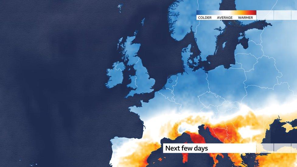 Map of Europe showing blue colour on much of the continent which is an indication that it is colder than average