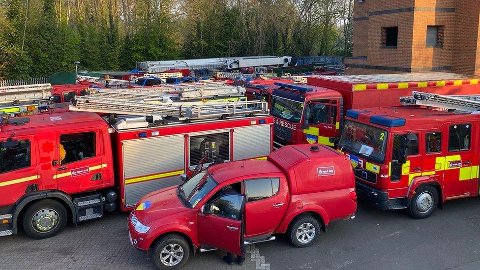 Lots of fire vehicles parked up at a depot