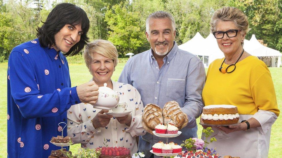 Noel Fielding, Sandi Toksvig, Paul Hollywood and Prue Leith