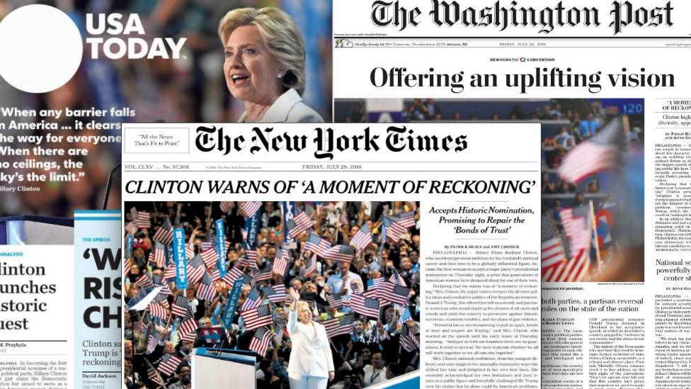 US newspaper front pages cover Hillary Clinton's nomination speech on 28 July 2016.