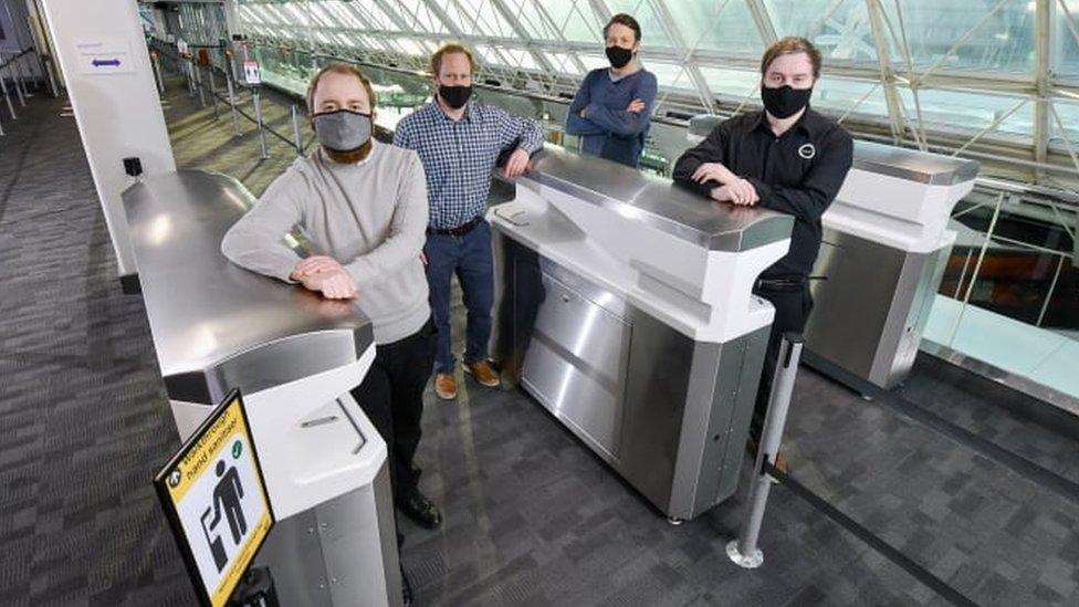 FLO-SAN unit at Newcastle Airport with (from left) Kieran Dougan, Simon Scott-Harden and Howard Fenwick of Northumbria University, and Andrew Sambell of British Engines