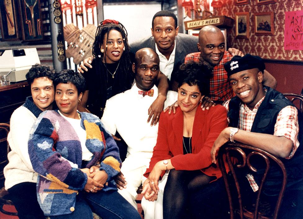 Kulwinder Ghir, Llewella Gideon, Judith Jacob, Leo Chester, Felix Dexter, Ishmael Thomas, Meera Syal and Robbie Gee seen in a promotional photo of series five of The Real McCoy