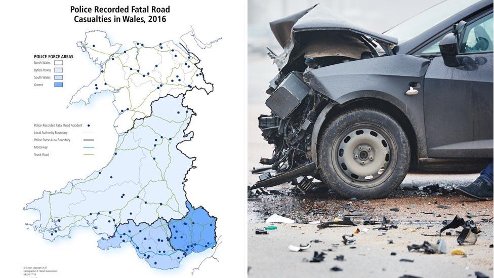 A map showing the location of fatal crashes in Wales in 2016 and a car with a smashed bonnet