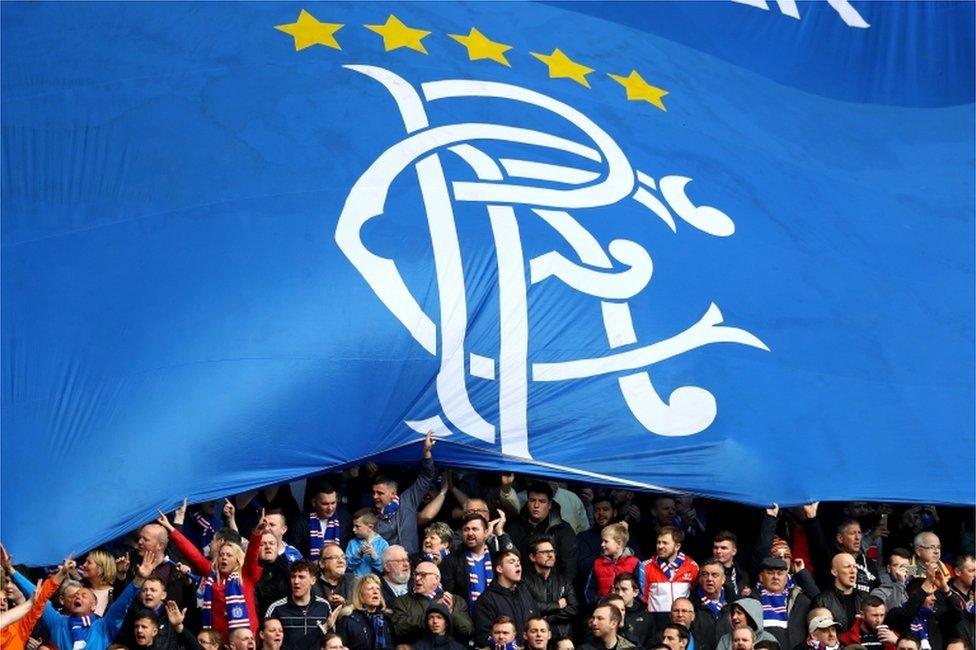 Rangers fans display a flag during the Ladbrokes Scottish Premiership match between Rangers and Celtic at Ibrox Stadium on April 29, 2017