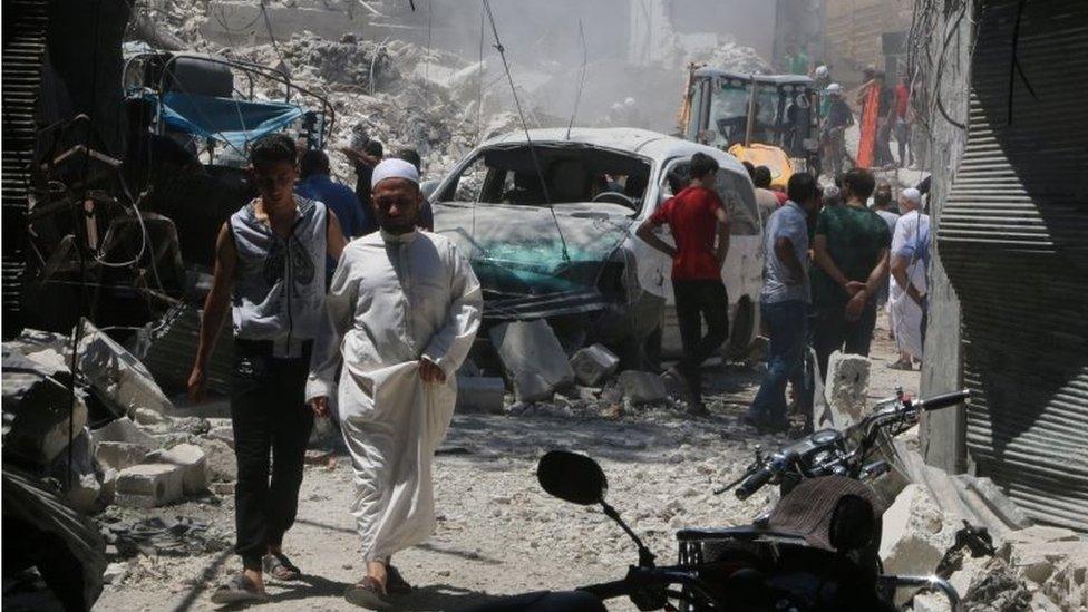 Site damaged by barrel-bomb in Aleppo Old City (July 2016)