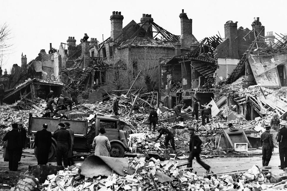 Buildings in Hornsey, north London damaged by German V2 rockets in November 1944.