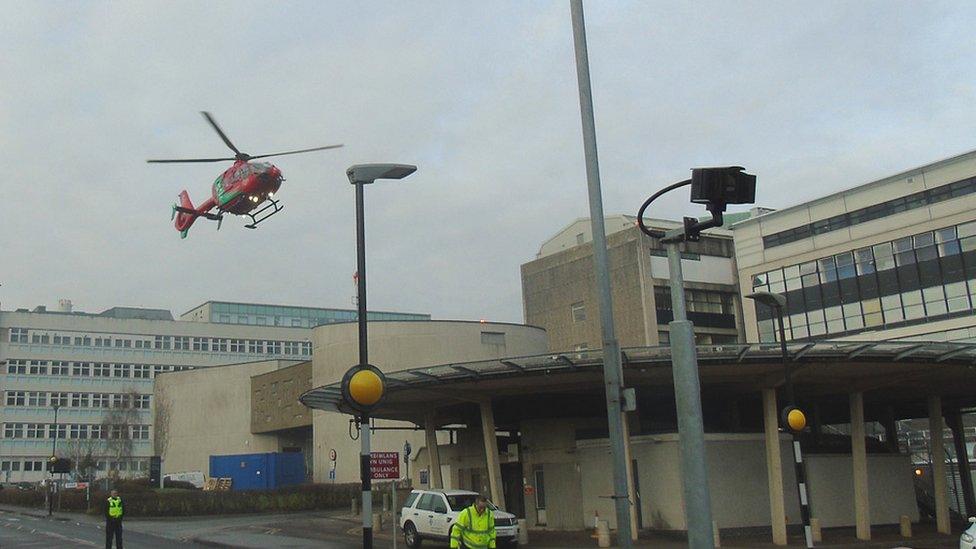 The Welsh Air Ambulance arriving at the University Hospital of Wales in Cardiff