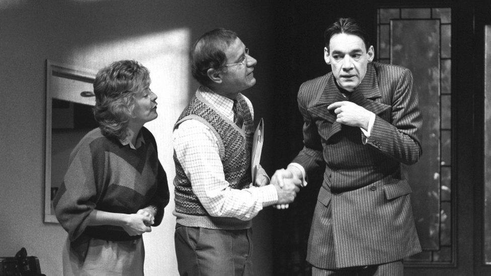 Alison Steadman, Geoffrey Palmer and Roger Lloyd Pack in rehearsal at the Royal Court Theatre for Alan Bennett's play Kafka's Dick.