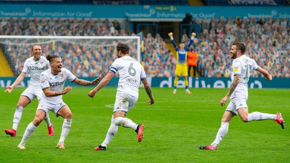 Leeds United players celebrating