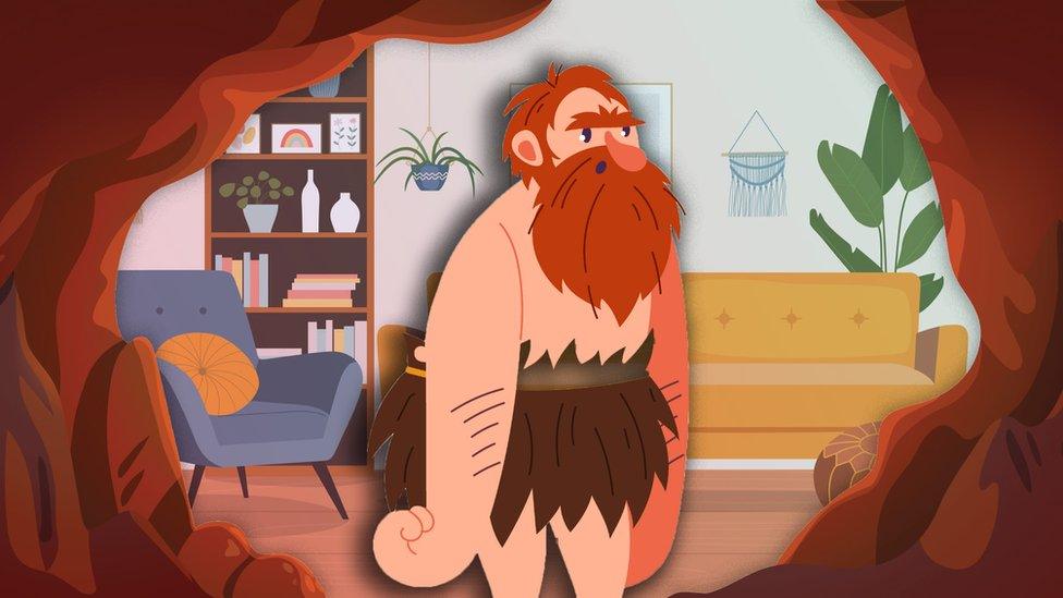 Cartoon Neanderthal in a cave with a lounge inside