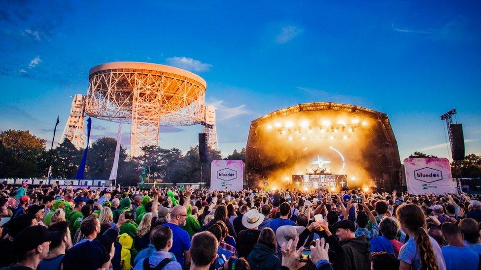 Lovell Telescope lit for Bluedot Festival 2017