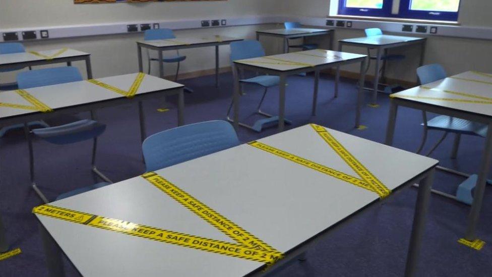 Taped off classroom desks