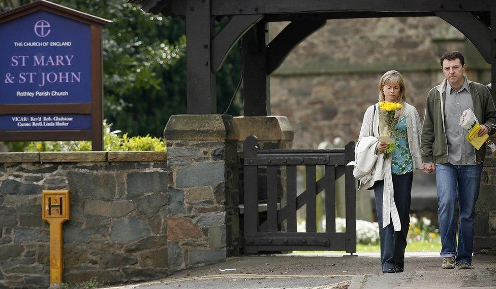 Kate and Gerry McCann leave St Mary and St John Parish Church in the village of Rothley, Leicestershire, following a church service on the day of the first anniversary since the disappearance of their daughter Madeleine