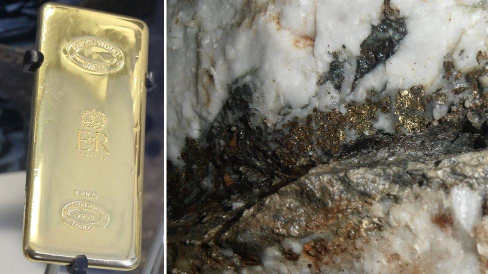 1kg gold bar and (right) a quartz vein with 'fool's good'