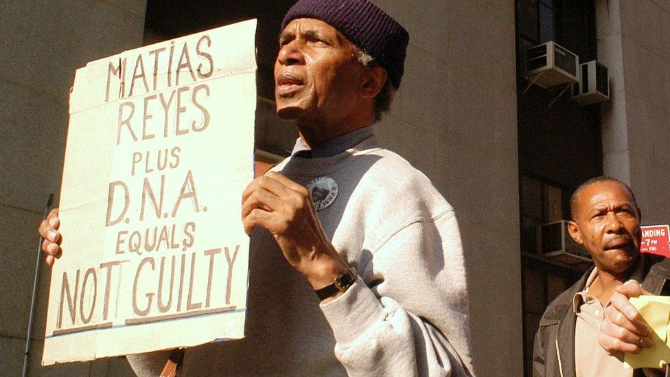 Protestors outside Manhattan's Criminal Court in New York City in 2002