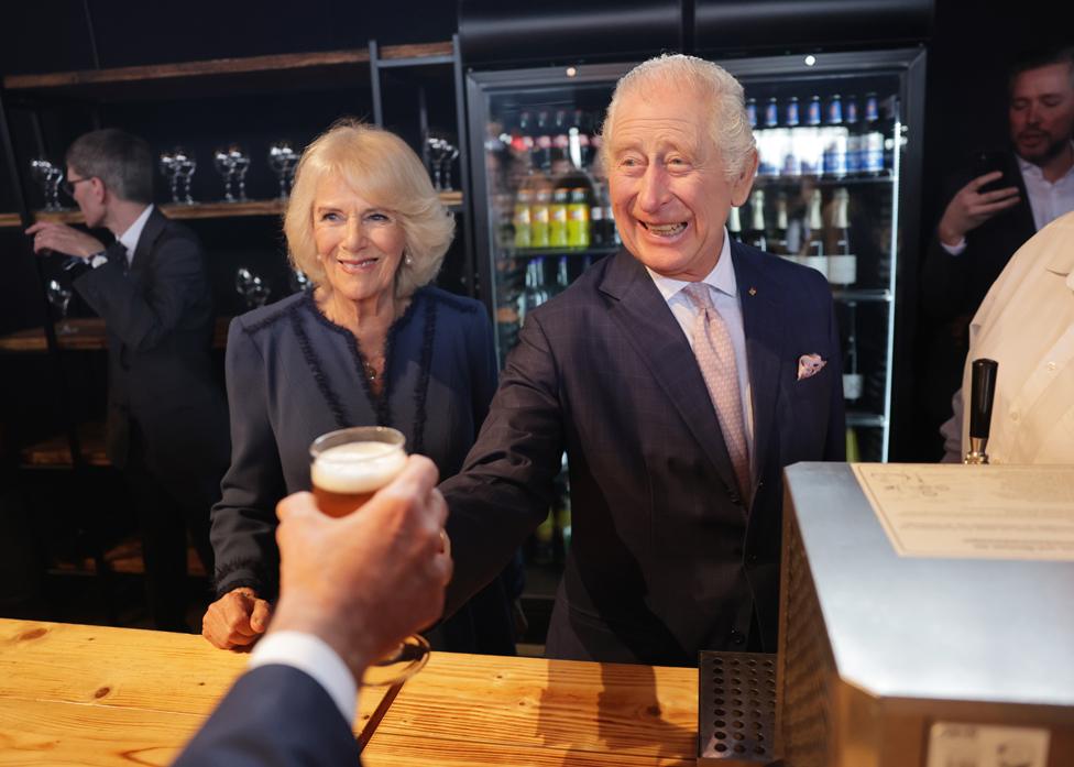 King Charles III and Camilla, Queen Consort toast to their final reception at Schuppen 52 on March 31, 2023 in Hamburg, Germany.