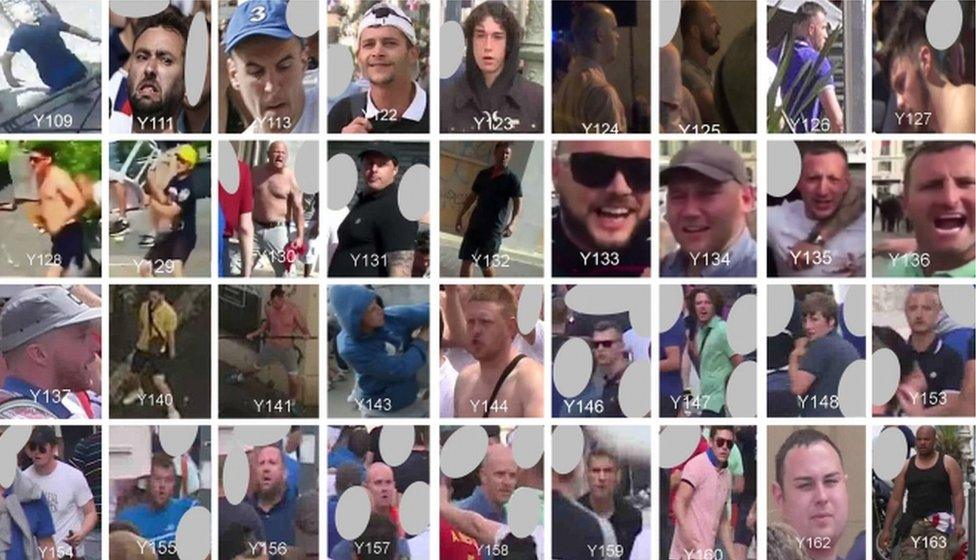 Composite of half of the 72 England football fans suspected of being involved in violence in Marseille,