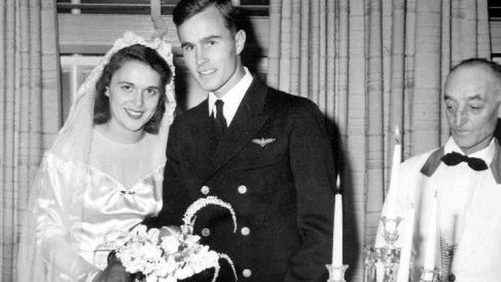 The wedding of future US President George HW Bush and Barbara Pierce at the First Presbyterian Church in Rye, New York, 06/01/1945