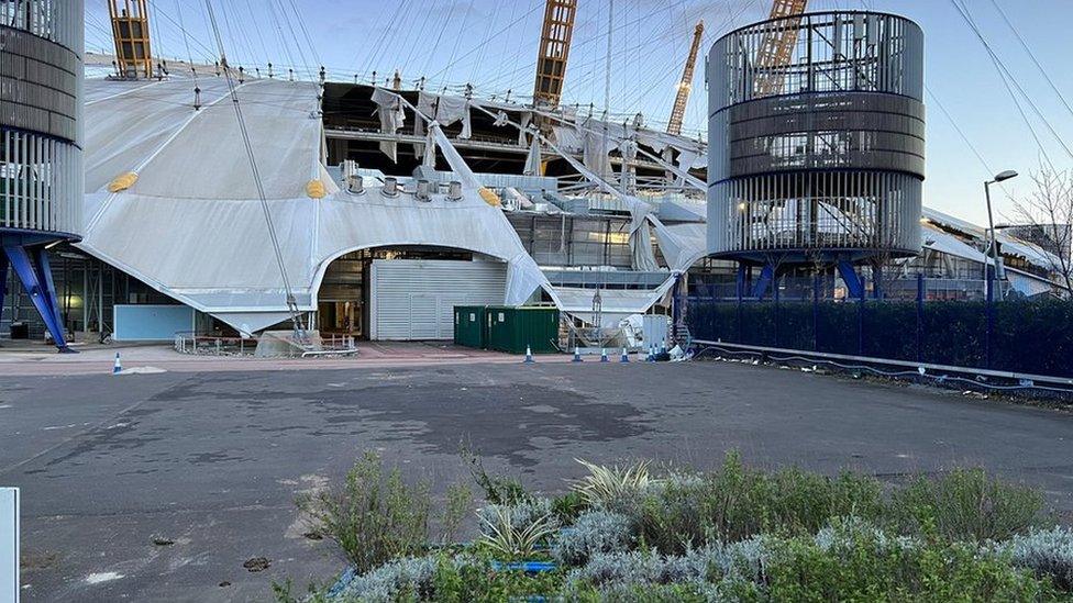 Damage to the O2 Stadium in London caused by Storm Eunice.