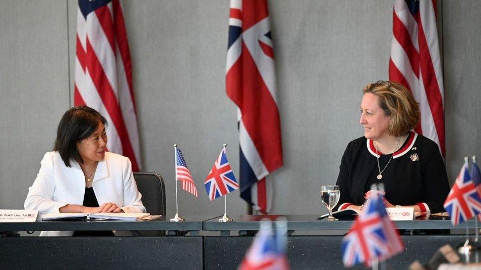 United States Trade Representative Katherine Tai (L) and United Kingdom Secretary of State for International Trade Anne-Marie Trevelyan (R) attend a meeting during the second day of the United Kingdom Dialogue on the Future of Atlantic Trade talks in Baltimore, Maryland, on March 22, 2022.