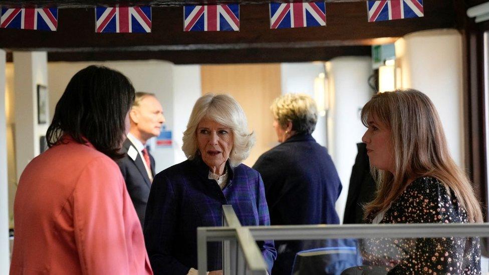 The Duchess of Cornwall meets the staff as she visits the Thames Valley Partnership charity in Aston Sandford