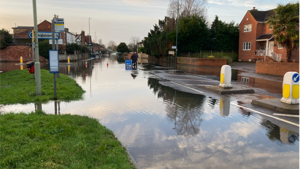 The A38 in Longford, Gloucester, covered in flood water