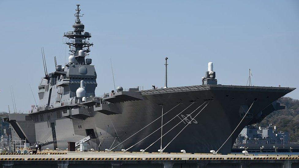 Japan Maritime Self Defence Forces latest warship, the helicopter destroyer Izumo at its base in Yokosuka on March 31, 2015