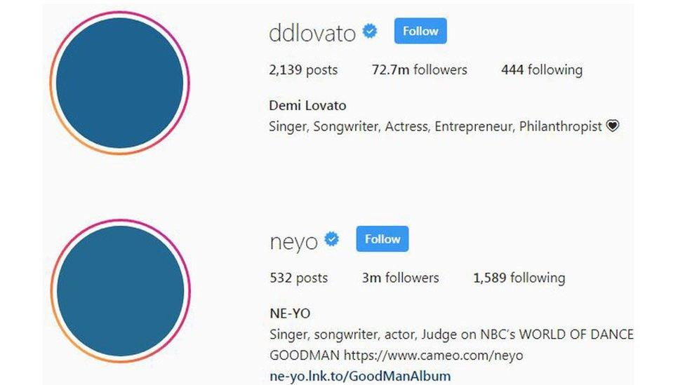 Screenshots of Demi Lovato and Ne-Yo's Instagram accounts with blue profile pictures