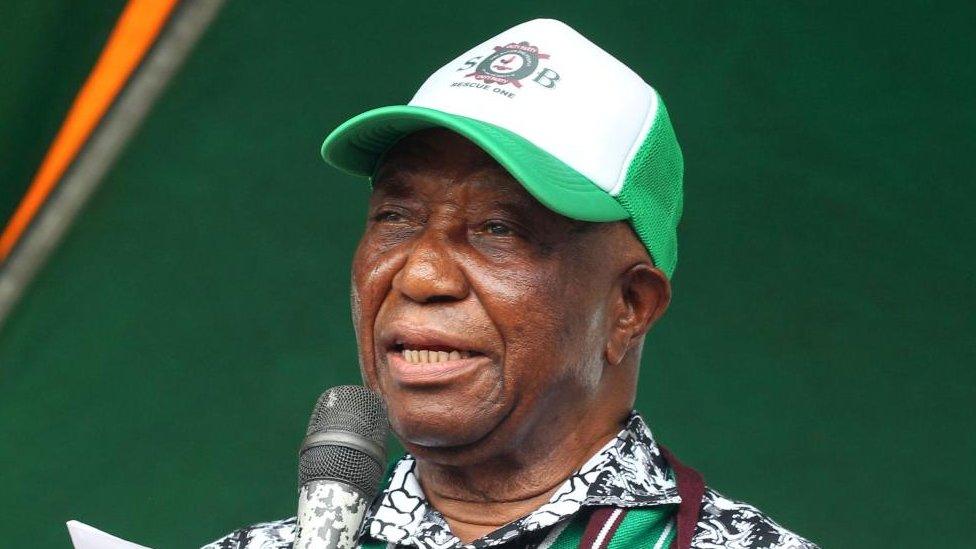 Joseph Nyumah Boakai, presidential candidate of the former ruling Unity Party (UP), addresses supporters during a campaign rally at the Soul Clinic Community, outside Monrovia, Liberia, 26 August 2023.